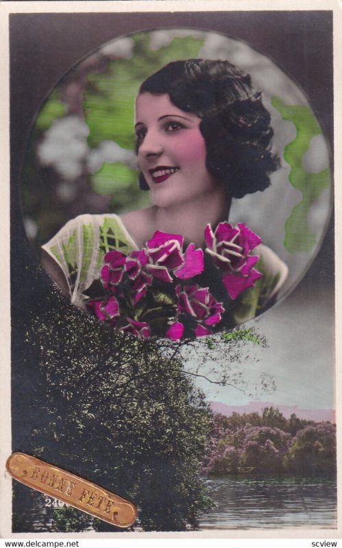 RP: BIRTHDAY, 1900-10s; Woman with black short hair holding pink flowers