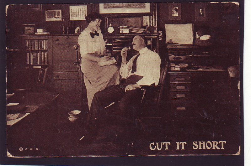 P1577 1913 used postcard romance in the office cut it short