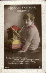 Little Boy w/ Wooden Toy Windmill c1920 Brithday Real Photo Postcard #2