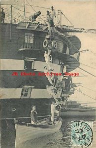 French Navy, Marine Millitaire, Sailors Climbing a Rope Ladder to a Small Boat