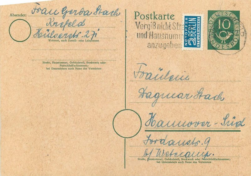 Postcard Deutsche Bundespost Germany Fran Egerba Grach Hannover Sud 1952