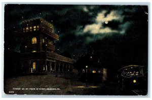 c1910's Tower On Mt. Penn At Night Moonlight Reading Pennsylvania PA Postcard