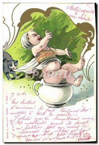 Old Postcard Fun Children Pot Cat Kitten