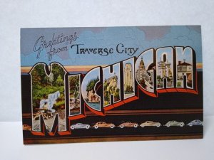 Greetings From Traverse City Michigan Large Big Letter Postcard Linen Old Cars