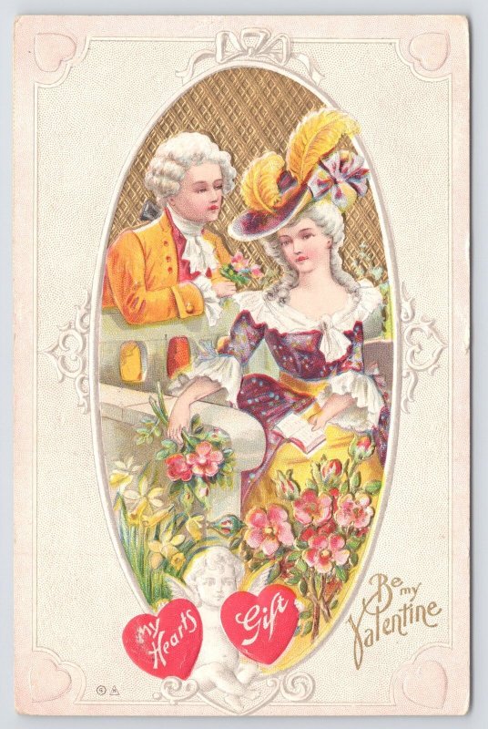 Valentine~Romantic Regency Couple~White Cupid~Flowers~Gold~Emb~NASH 29~1911 PC