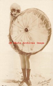 Mack Sennett, RPPC, Bathing Beauty Actress with Open Umbrella on Beach