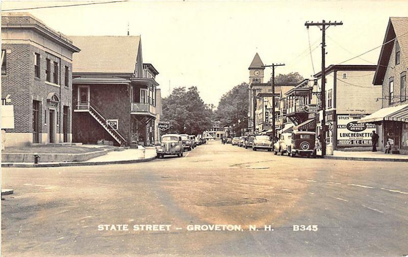 Groveton NH State Street Storefronts Old Cars RPPC Postcard