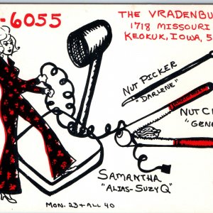 c1970s Keokuk, IA Nut Cracker Woman Art QSL Radio Card Tools Vradenburg A45