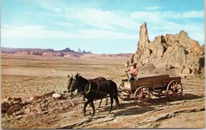 postcard AZ - Church Rock from Navajo Trail Hwy 64 with Man in horse-drawn cart