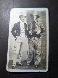 Mint Portrait RPPC Postcard Cowboy and Dressed Up Man Tophat Boots