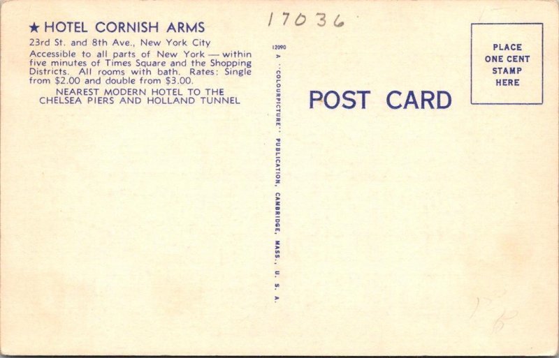 New York City, NY New York  HOTEL CORNISH ARMS  ca1940's Linen Postcard