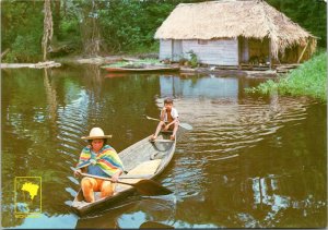 Postcard Brazil Manaus - Floating House - Parent and child in canoe