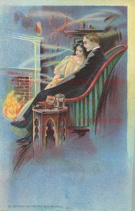 Art Nouveau, P Schmidt No 33, Romance, Couple Sitting by Fire Place