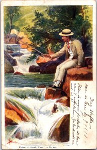 Men Fishing In A Suit Vintage Postcard C003