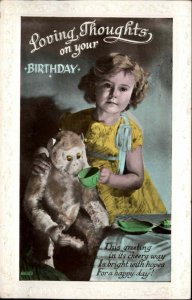 Birthday Little Girl Tea Party Antique Toy Monkey Tinted RPPC Real Photo PC