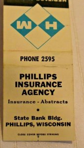 Phillips Insurance Agency Phillips Wisconsin 20 Strike Matchbook Cover