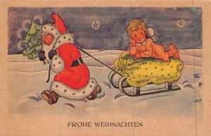 FROHE WEIHNACHTEN-RED SUIT SANTA PULLS CHERUB SLED BED~MERRY CHRISTMAS POSTCARD
