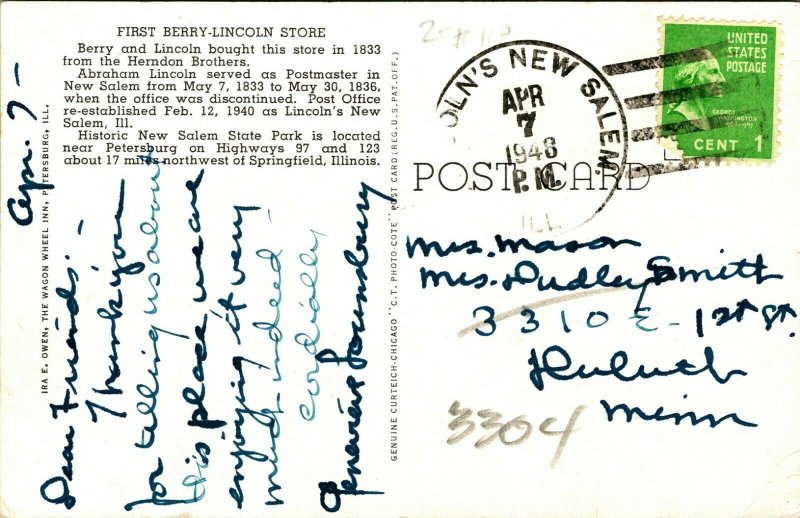 New Salem IL State Park First Berry-Lincoln Store US Post Office 1948 Postcard