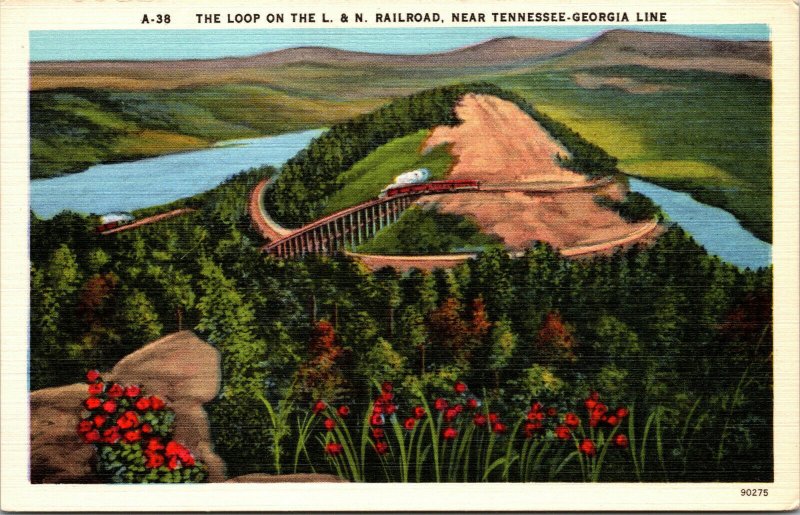 Vtg Hiwassee Loop on L&N Railroad near Tennessee Georgia Line 1940s Postcard