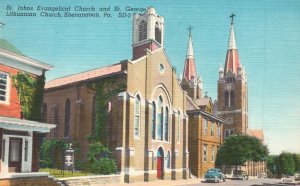 Postcard 1930's St. Johns Evangelical & St. George Lithuanian Church Shen. Penn.