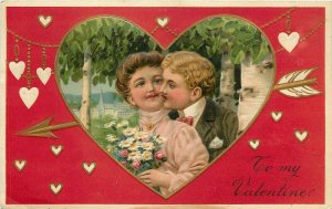 Embossed Valentine Postcard PFB 8096 Loving Couple in Birch Forest Heart Vignett