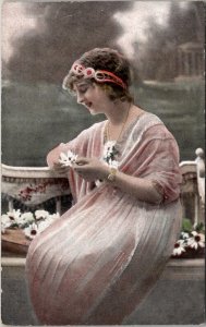 Lovely Woman Pink Dress Hair Jewelry with Daisies 1921 Netherlands Postcard A23