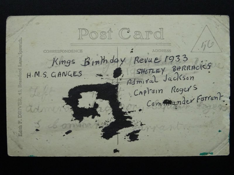 2 x SHOTLEY BARRACKS HMS Ganges KINGS BIRTHDAY c1933 RP Postcard Edith F. Driver