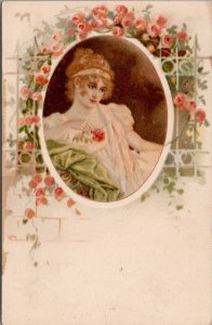 Art Nouveau Beauty Lovely Woman Cameo Rose Covered Iron Fence Postcard Z16