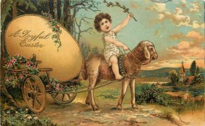 PFB Embossed Easter Postcard 5837 Child Rides a Lamb Pulling Cart w/ Huge Egg