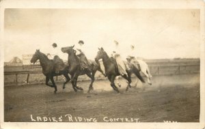 RPPC Postcard Ladies Riding Contest Women On Horseback Horse Racing Track