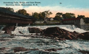 Vintage Postcard Amoskeag Falls Bridge Gate House Merrimac River Manchester NH