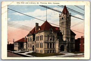 Postcard St. Thomas Ontario c1920s City Hall and Library Elgin County