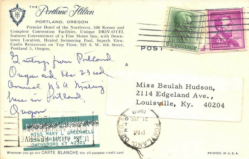 Portland Oregon 1968 Postcard Portland Hilton Hotel