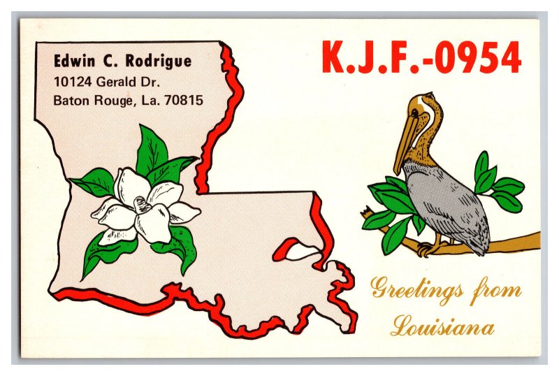 Postcard QSL CB Ham Radio Amateur Card From Louisiana K.J.F. 0954