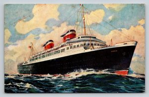 SS America United States Lines Ocean Liner Postcard Linen Fred J Hoertz Art