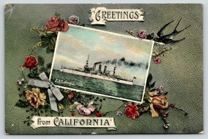 California~Art Nouveau Roses & Barnswallow~USS Georgia Battleship~c1908 Postcard
