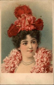 Beautiful Young Woman with Pink Boa and Floral Hat c1910 Vintage Postcard