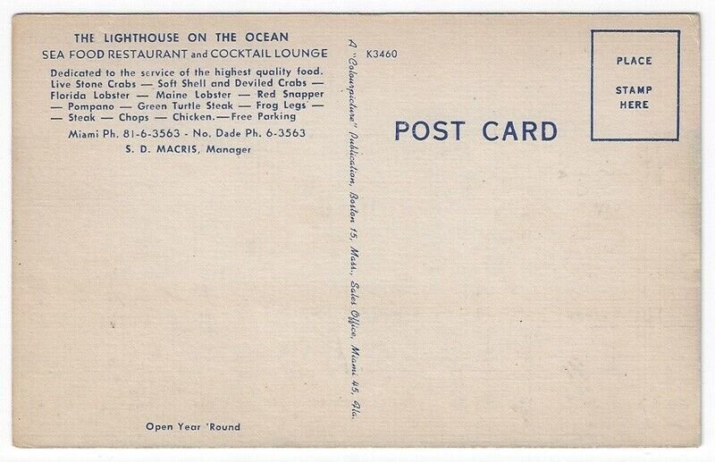 Miami Beach, FL, Vintage Postcard View of The Lighthouse On The Ocean Restaurant 