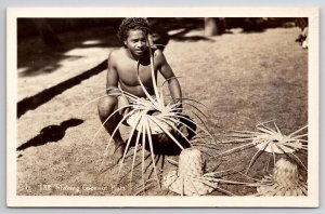 RPPC Hawaii Hawaiian Native Making Coconut Hats Occupational Postcard U24