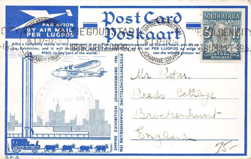 RAND AIRPORT SOUTH AFRICA B4a SEMI-POSTAL STAMP EMPIRE EXHIBITION POSTCARD 1937