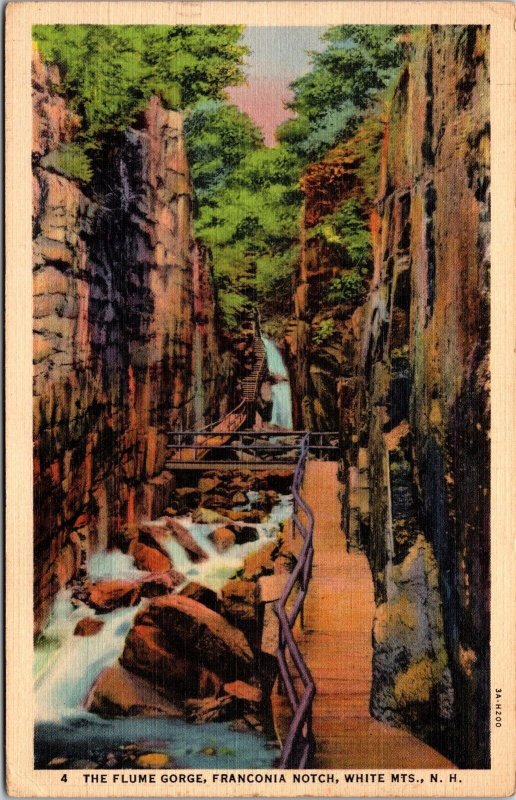 Vtg The Flume Gorge Franconia Notch White Mountains NH 1930s Linen Postcard