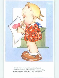 Unused Pre-Linen valentine foreign EUROPEAN BOY DRAWS TWO HEARTS ON PAPER J5138