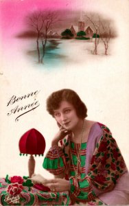 Beautiful Woman Bonne Annee Color Tinted Real Photo