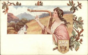 Art Nouveau - Beautiful Woman Playing Harp c1910 Postcard