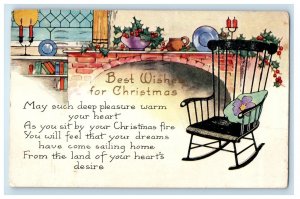 1925 Christmas Poem Windsor Rocking Chair Holly Fireplace Embossed Postcard 