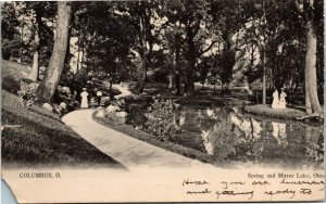 Postcard OH Columbus Spring & Mirror Lake People Walking on Footpath ~1905 S7