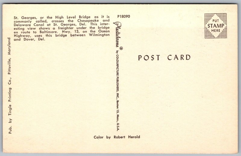 Vtg St Georges Delaware DE High Level Bridge Freight Cargo Ship 1950s Postcard