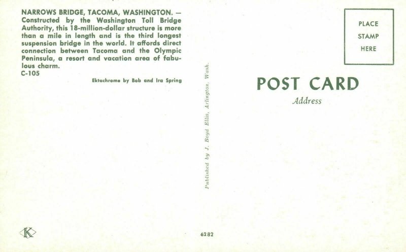 Vintage Postcard Narrows Bridge Tacoma Washington Pub by J. Boyd Ellis