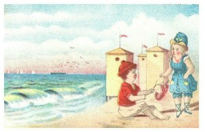 1880's Lot of 2 Lovely Beach Scenes Kids Playing Victorian Trade Card P95