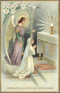 Easter Italy Angel with Woman Praying at Alter c1910 Vintage Postcard